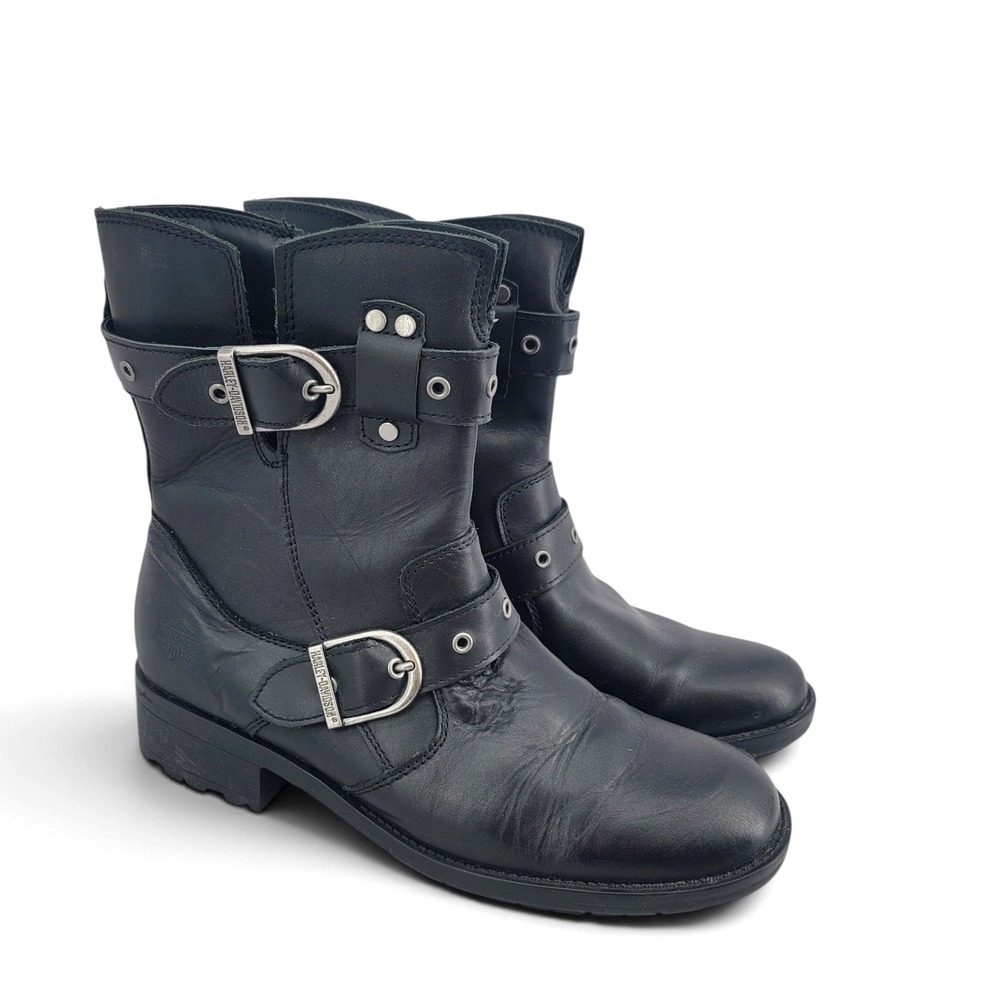Harley Davidson Grace Boots W 9.5 Black Leather Moto Harness Biker Buckle Combat